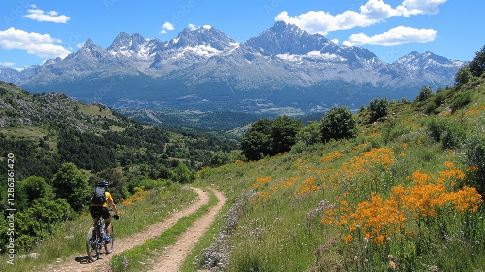 Cyclist on mountain trail, scenic valley, Pyrenees Cyclist on mountain trail, scenic valley, Pyrenees
