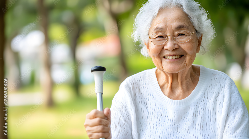 Smiling senior woman with a walking stick enjoying the outdoors. A portrait of health and joy. She is happy and carefree. Smiling senior woman with a walking stick enjoying the outdoors. A portrait of health and joy. She is happy and carefree.