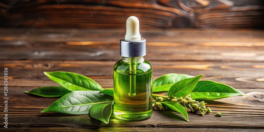 A close-up shot of a bottle of facial serum with natural green tea extract and a dark brown wooden background, beauty products, cosmetic ingredients A close-up shot of a bottle of facial serum with natural green tea extract and a dark brown wooden background, beauty products, cosmetic ingredients