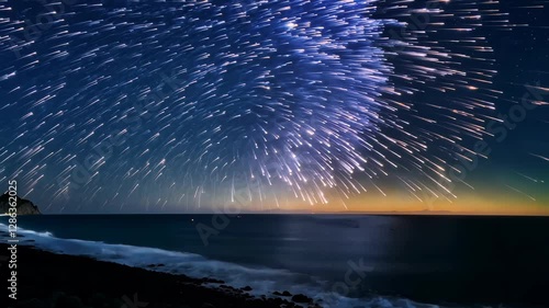 Magical night sky with stunning meteor shower over tranquil ocean horizon