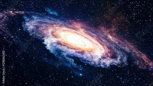 Rotating spiral galaxy in deep space with vivid nebula and stars