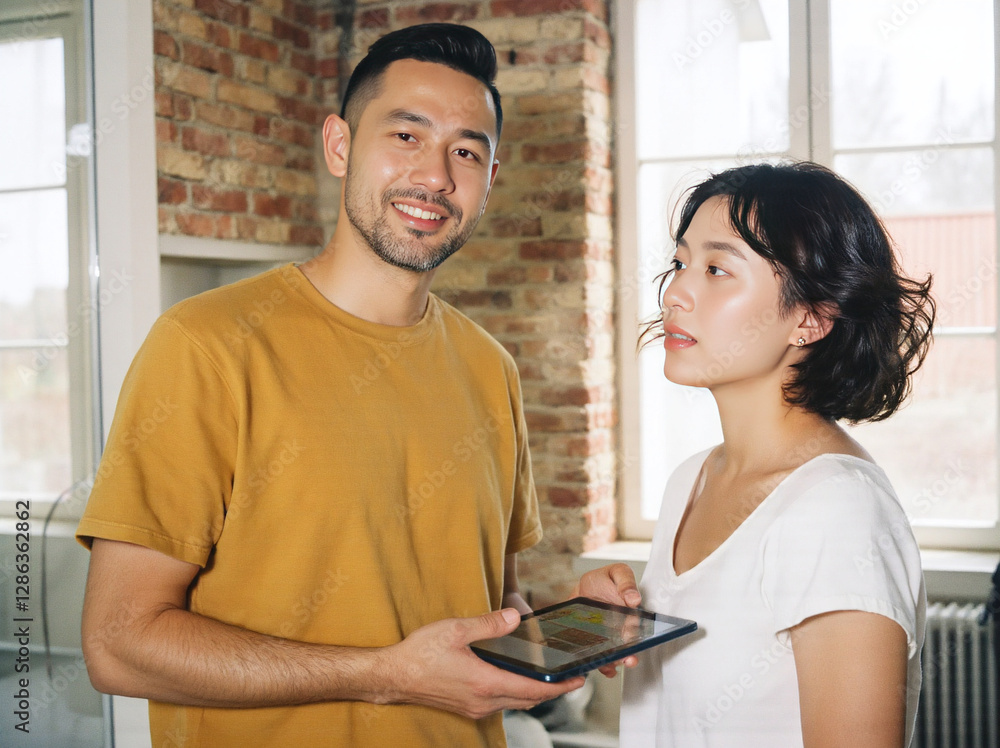 Photograph of a smiling man with short-cropped hair and a grey beard, wearing a mustard-yellow shirt and holding a tablet. He stands in an office with brick walls and large windows. A woman with curly Photograph of a smiling man with short-cropped hair and a grey beard, wearing a mustard-yellow shirt and holding a tablet. He stands in an office with brick walls and large windows. A woman with curly