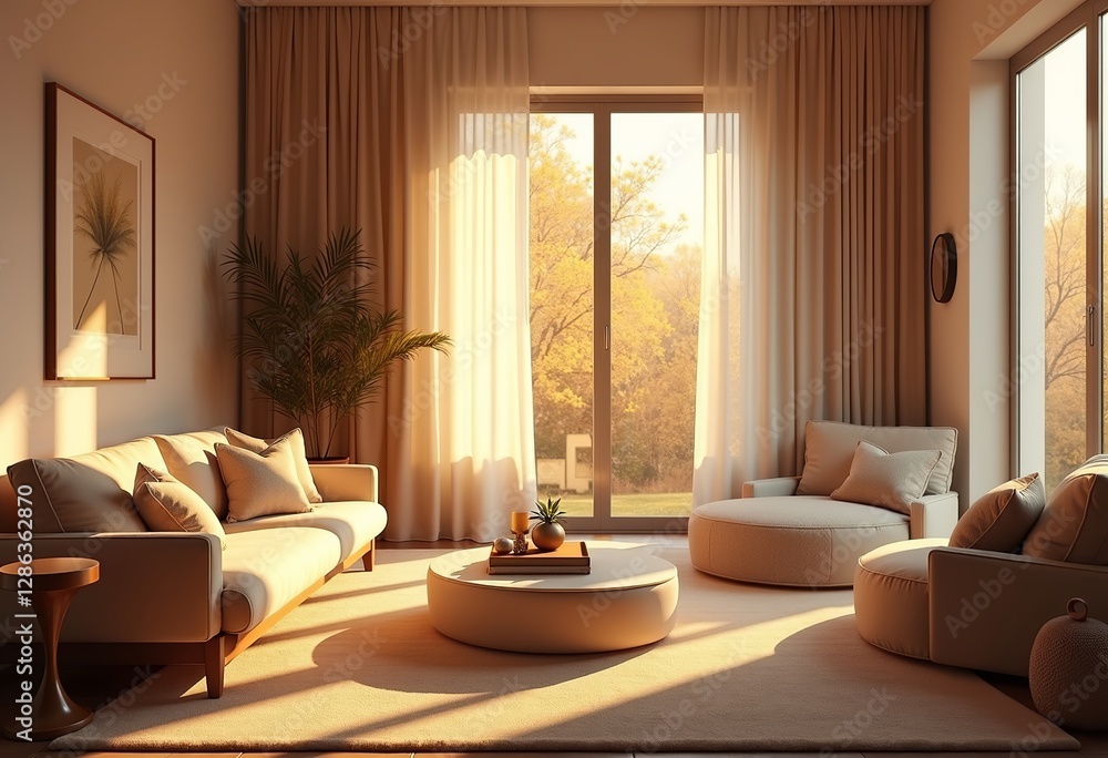 Fototapeta premium Dreamy Golden Hour Interiors: Hyperdetailed Photorealistic Living Room - Warm Tones, Soft Fabrics, and a Tranquil Ambiance Creating a Relaxing Retreat.