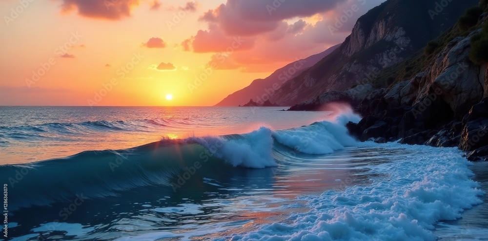 Fototapeta premium Calm sea at sunset with a single wave crashing against the rugged coastline, serene, coast