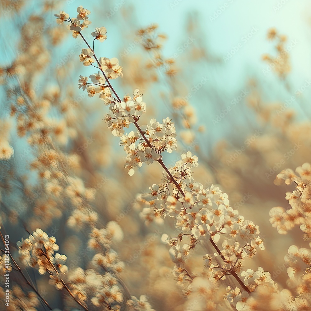 Blooming Cherry Blossoms on Branch with Soft Light and Blue Sky Blooming Cherry Blossoms on Branch with Soft Light and Blue Sky