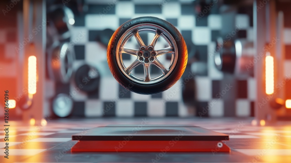 A floating car tire displayed over a checkered background surface A floating car tire displayed over a checkered background surface