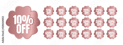 Set of rose gold flower shaped labels with different discount percentages. 5, 10, 15, 20, 25, 30, 35, 40, 45, 50, 55, 60, 65, 70, 75, 80, 85, 90 percent off.