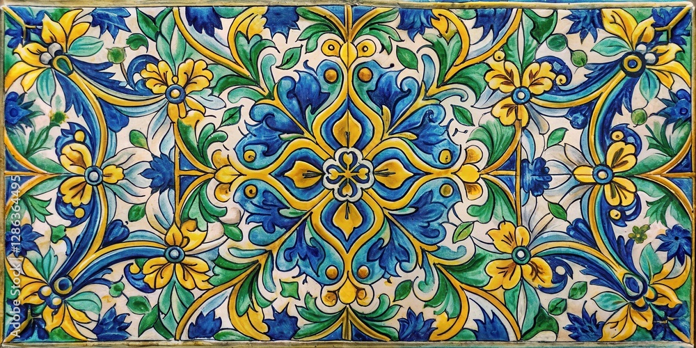Traditional Sicilian tile with intricate floral patterns and bold geometric shapes, featuring shades of blue, green and yellow hues , mosaics art, blue green yellow colors Traditional Sicilian tile with intricate floral patterns and bold geometric shapes, featuring shades of blue, green and yellow hues , mosaics art, blue green yellow colors
