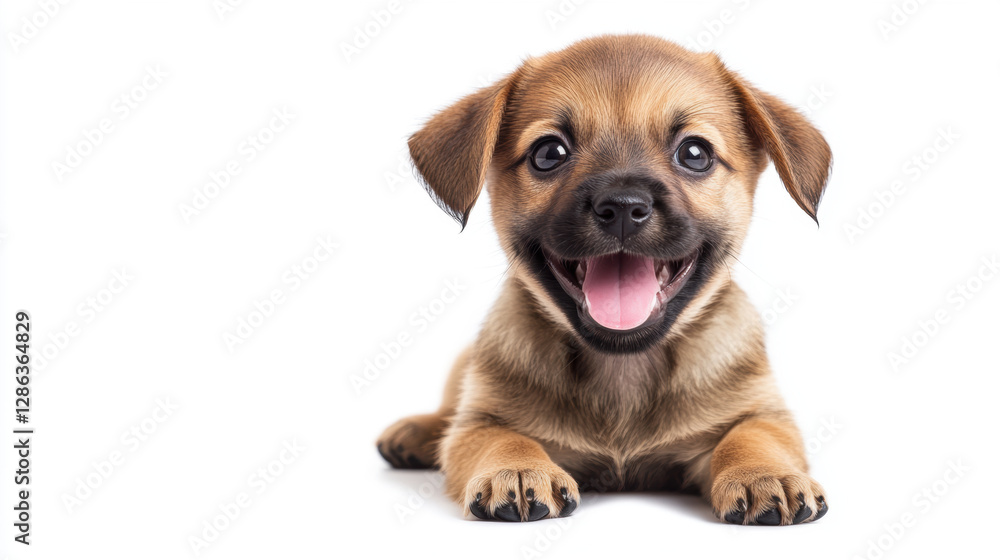 Happy puppy with brown fur and bright eyes, lying on white background, exuding joy and playfulness Happy puppy with brown fur and bright eyes, lying on white background, exuding joy and playfulness