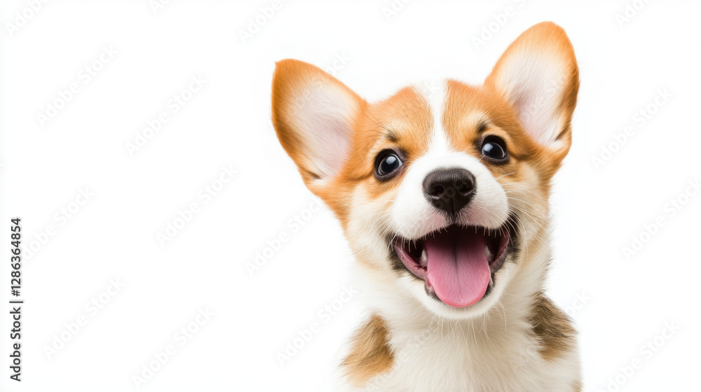 Happy corgi dog with big smile and bright eyes against white background. This playful pet exudes joy and friendliness, making it perfect companion Happy corgi dog with big smile and bright eyes against white background. This playful pet exudes joy and friendliness, making it perfect companion