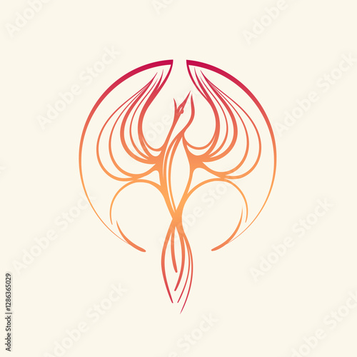 Phoenix bird logo. Freedom, hope, regeneration concept. Beautiful symbolic mythical animal silhouette. Flight icon. Elegant, decorative style graphic illustration. Line art flying wings.