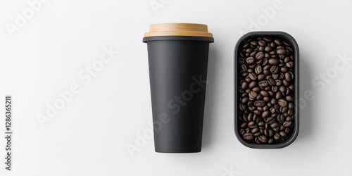 Wallpaper Mural Eco-friendly Food Packaging Concept, A black coffee cup beside a container of coffee beans on a light background. Torontodigital.ca