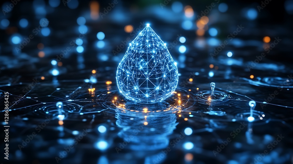 A 3D rendered glowing water drop with connected lines and water ripples on dark background