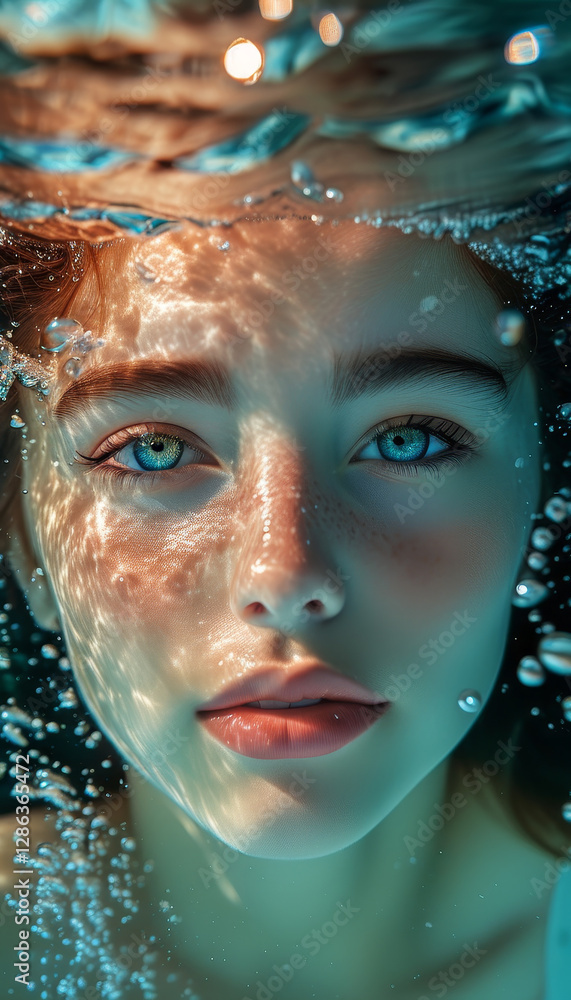 Summer ocean underwater photo, close-up of beautiful mermaid girl's face underwater, woman, beautiful ocean eyes, water splashes and bubbles, fashion photo, joyful summer, swimming pool ad Summer ocean underwater photo, close-up of beautiful mermaid girl's face underwater, woman, beautiful ocean eyes, water splashes and bubbles, fashion photo, joyful summer, swimming pool ad