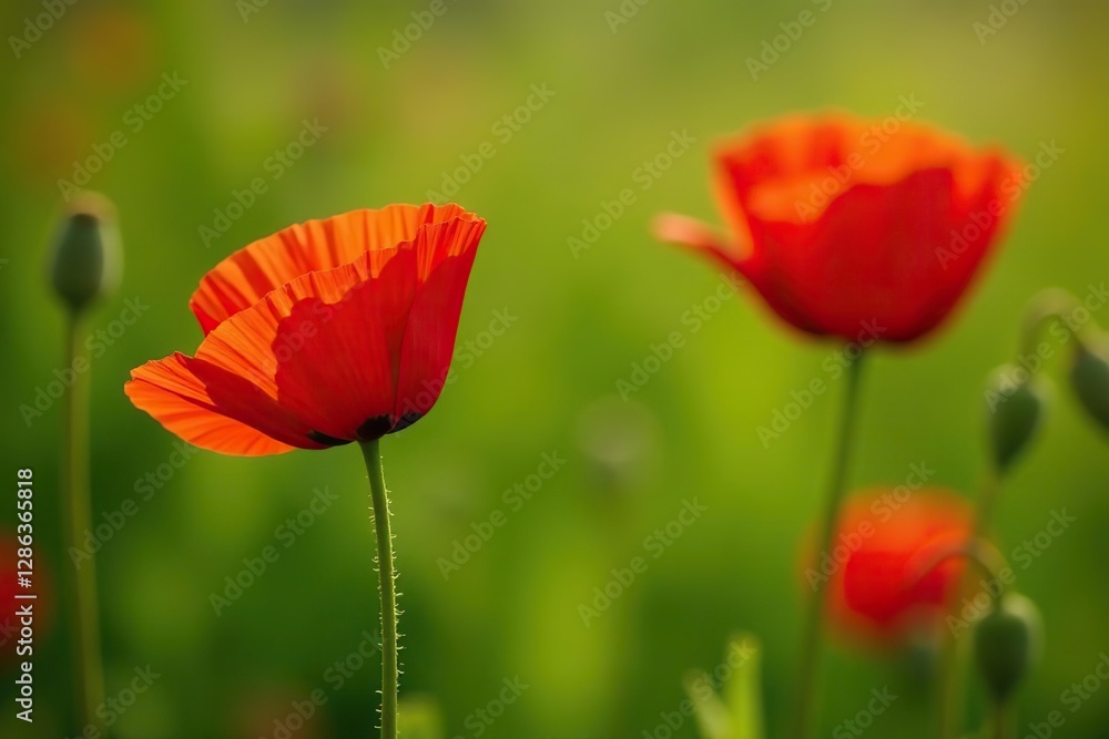 Bright red poppies with partially open petals and a tightly closed bud on a green meadow, petals, bud Bright red poppies with partially open petals and a tightly closed bud on a green meadow, petals, bud