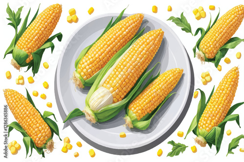 Delicious sweet corn on a plate, isolated on transparent background