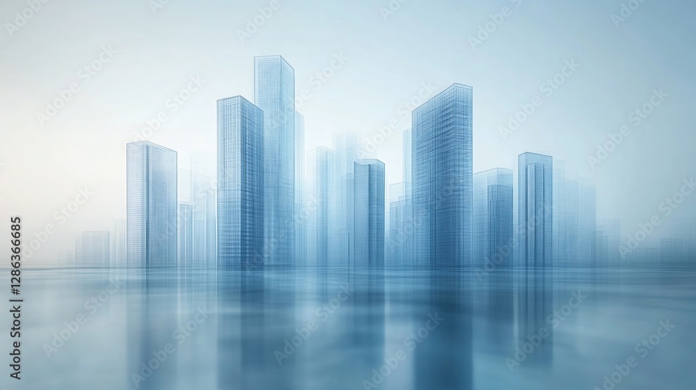 Abstract architectural rendering of a city skyline with reflections on a smooth surface Abstract architectural rendering of a city skyline with reflections on a smooth surface