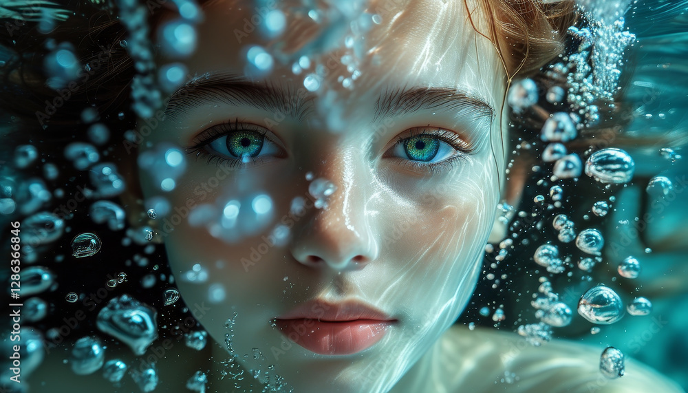 Summer ocean underwater photo, close-up of beautiful mermaid girl's face underwater, woman, beautiful ocean eyes, water splashes and bubbles, fashion photo, joyful summer, swimming pool ad Summer ocean underwater photo, close-up of beautiful mermaid girl's face underwater, woman, beautiful ocean eyes, water splashes and bubbles, fashion photo, joyful summer, swimming pool ad