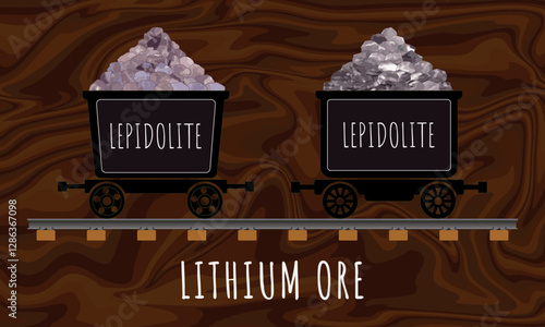 Vector drawing of LEPIDOLITE in wheelbarrows. Hand drawn illustration. LITHIUM ORE. Lithium-containing mineral.
