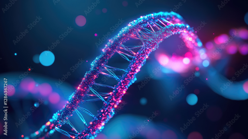 A vibrant 3D representation of a DNA double helix, illuminated with blue and pink colors, showcasing the intricacies of genetic structures. A vibrant 3D representation of a DNA double helix, illuminated with blue and pink colors, showcasing the intricacies of genetic structures.