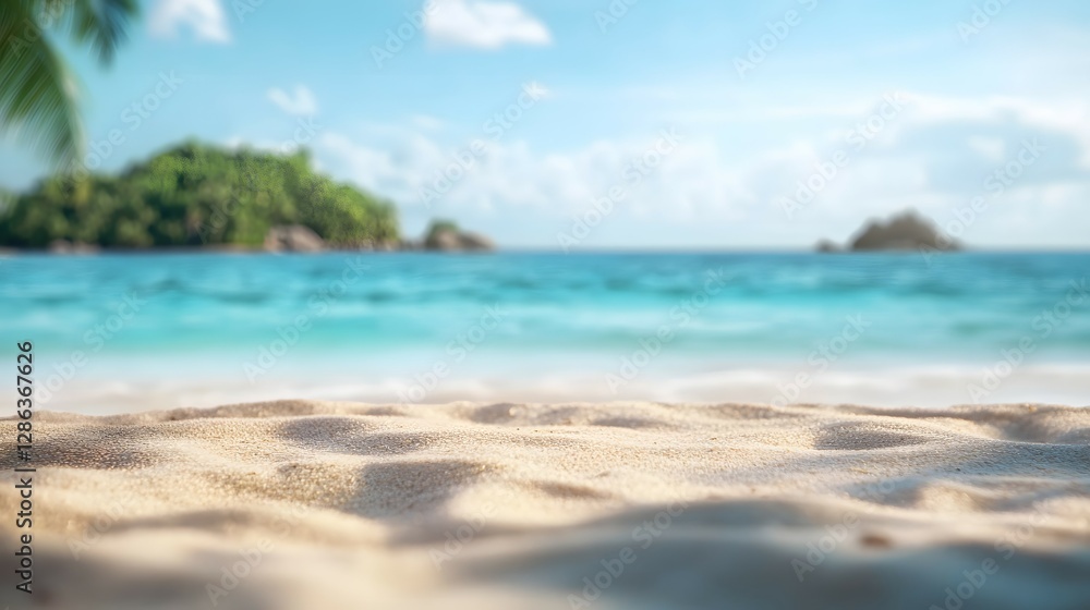 Tropical beach background with white sand and palm leaves, blurred ocean in the distance. Summer vacation concept Tropical beach background with white sand and palm leaves, blurred ocean in the distance. Summer vacation concept