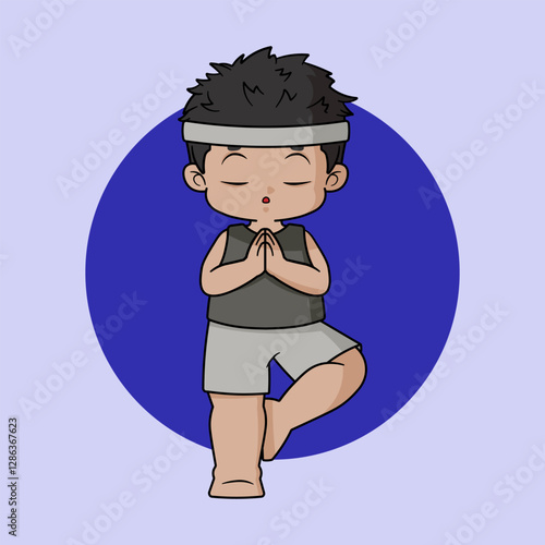 A cool chibi boy is doing yoga. A chibi boy is seriously performing the Tree Pose or Vrikshasana.