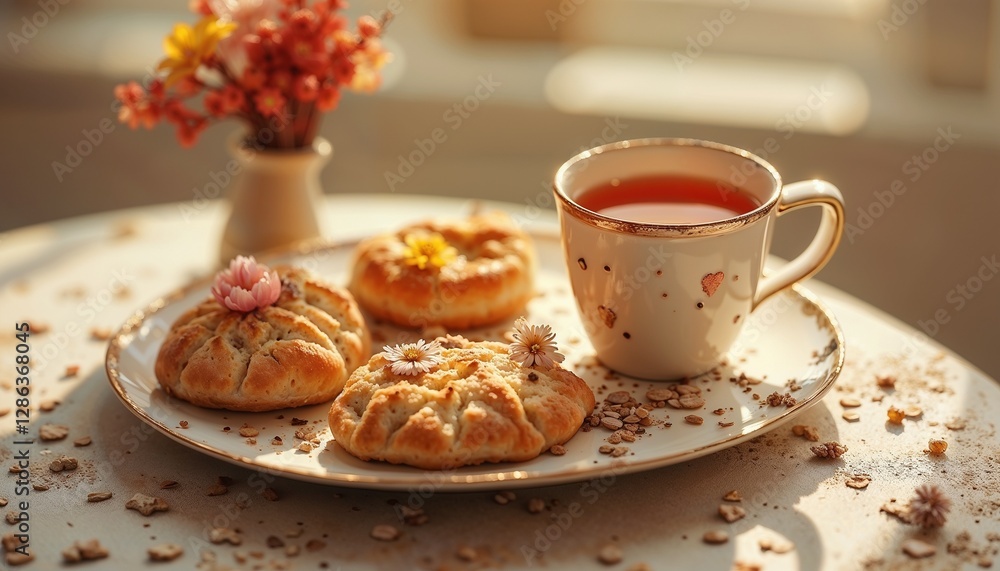 Cozy tea setting with freshly baked pastries and floral decorations for a warm afternoon Cozy tea setting with freshly baked pastries and floral decorations for a warm afternoon