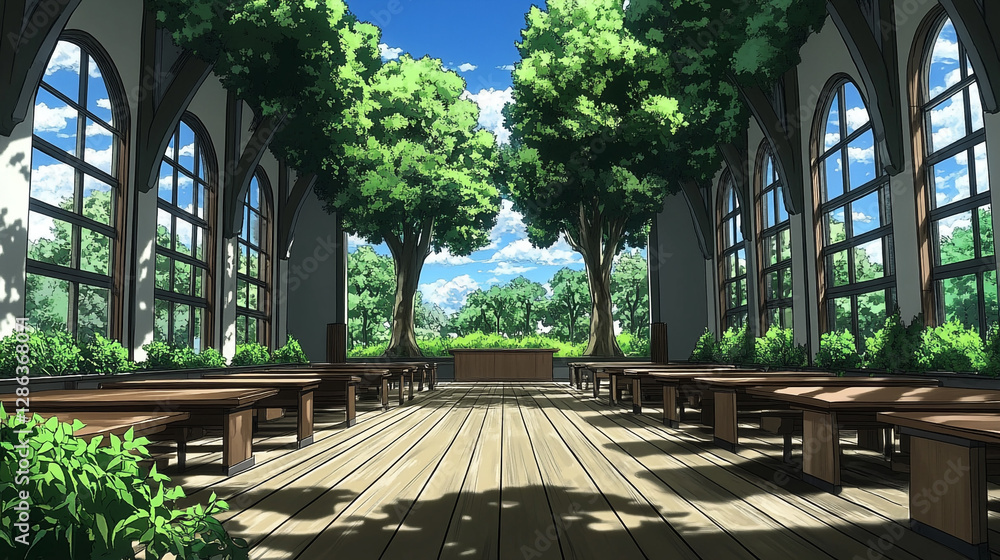 Fototapeta premium Bright and Lush Indoor Space Surrounded by Tall Windows with Trees and Greenery Under a Clear Blue Sky