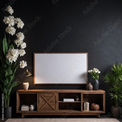 Black Wall Art Mockup, with Blank Frame, Designed for Showing Off Prints and Posters,Blank poster frame home office interior background template,wall, wood, flat, motion picture,869
