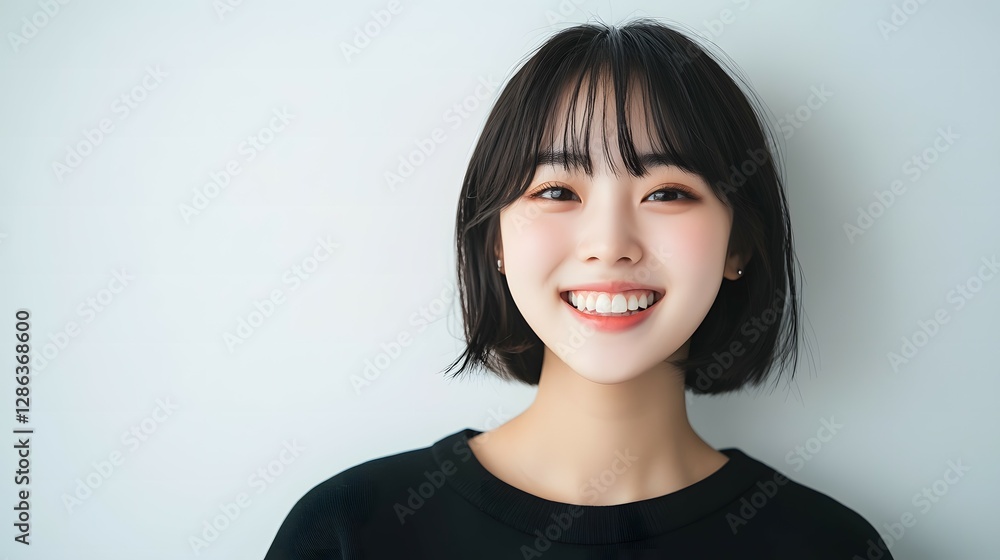 Beautiful photo of a short-haired with bangs young korean woman, with a smiling and happy facial expression Beautiful photo of a short-haired with bangs young korean woman, with a smiling and happy facial expression