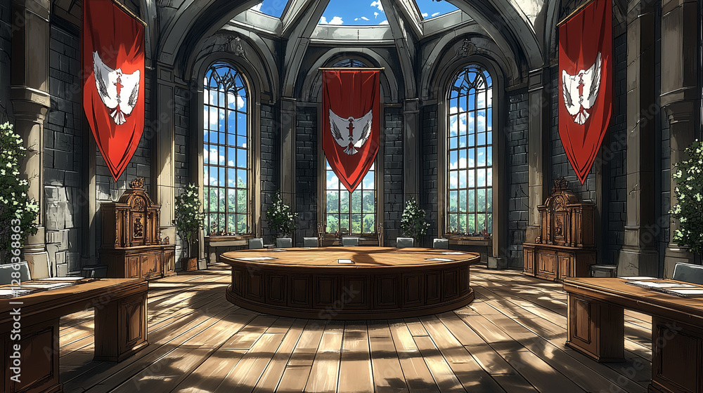 Fototapeta premium Grand interior of a majestic hall with tall windows, banners, and wooden furniture featuring a round conference table surrounded by elegant decor