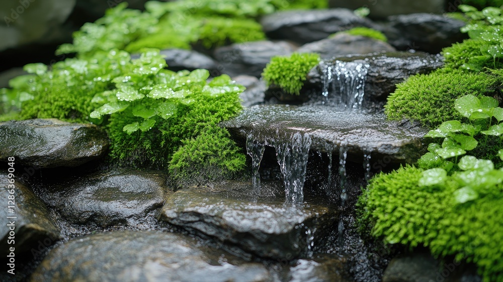 Serene Waterfall Scene with Lush Green Moss and Plants Serene Waterfall Scene with Lush Green Moss and Plants