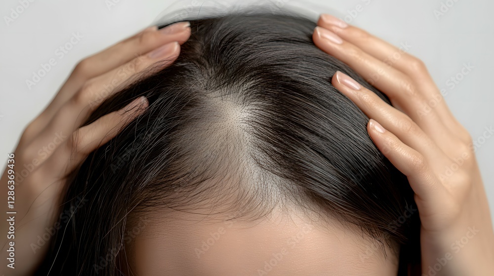 Fototapeta premium Close-up of an Asian woman with her hands on the back of her head, showing hair loss in the top part of her black hairstyle, against a white background.