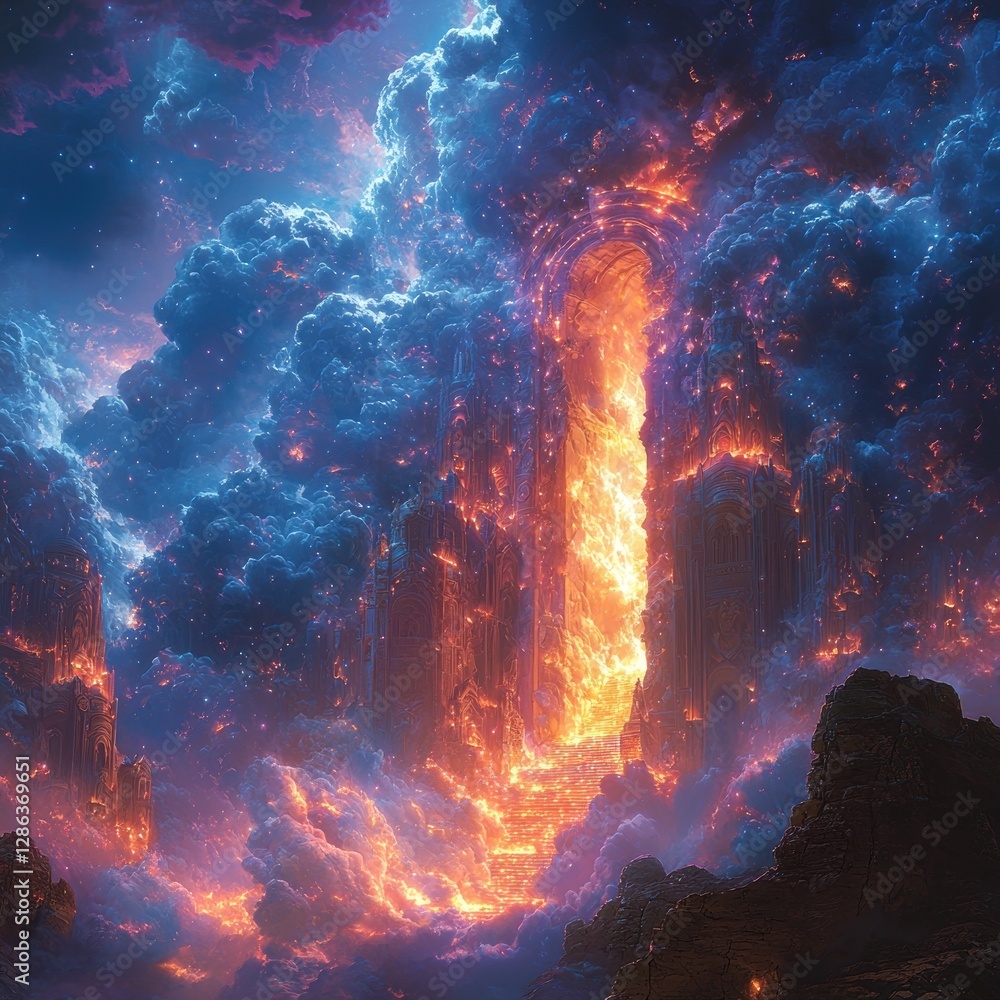 Fototapeta premium Fantasy Gate to Another World with Glowing Clouds and Cosmic Sky