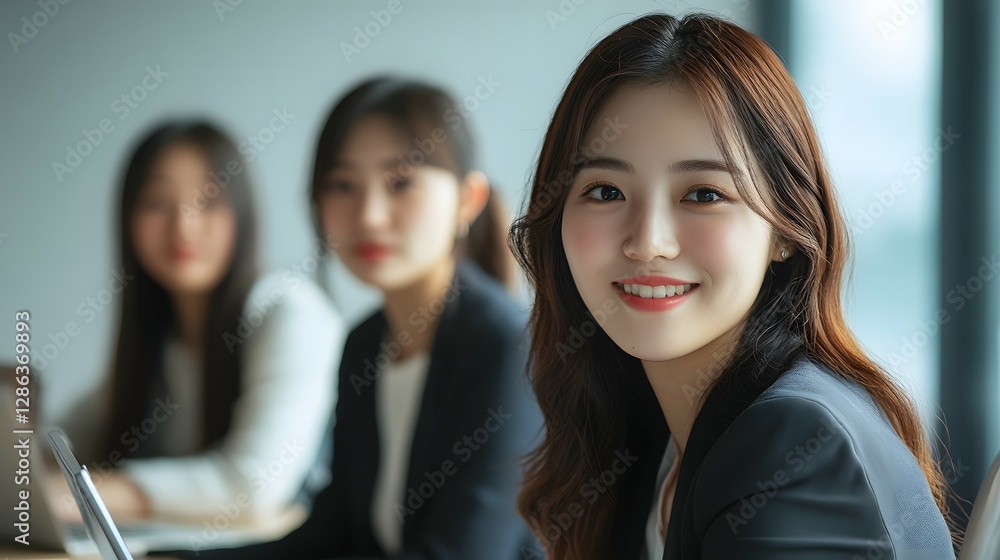 young office worker women with a laptop, and two people in the background, looking at the camera and smiling young office worker women with a laptop, and two people in the background, looking at the camera and smiling