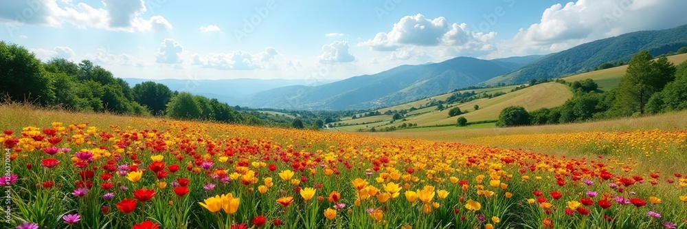 Obraz premium Campo de melocotoneros con un paisaje natural, naturaleza, flor