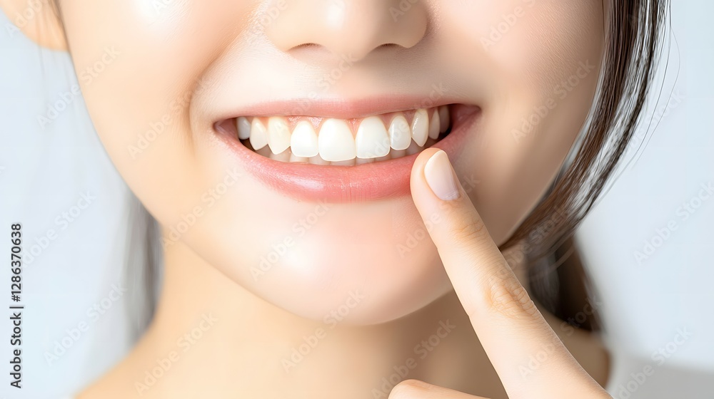 Close-up of a Japanese woman pointing to her teeth with a perfect white smile, isolated on a solid background Close-up of a Japanese woman pointing to her teeth with a perfect white smile, isolated on a solid background