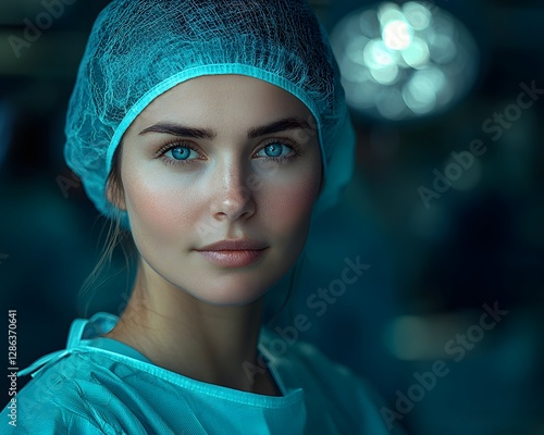 Confident Surgeon in Glowing Scrubs Poised in High Tech Operating Room with Futuristic Equipment