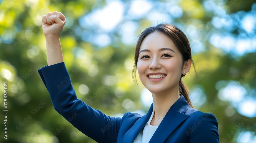 Happy young businesswoman in a suit celebrating success outdoors with a blue sky and green tree background Happy young businesswoman in a suit celebrating success outdoors with a blue sky and green tree background