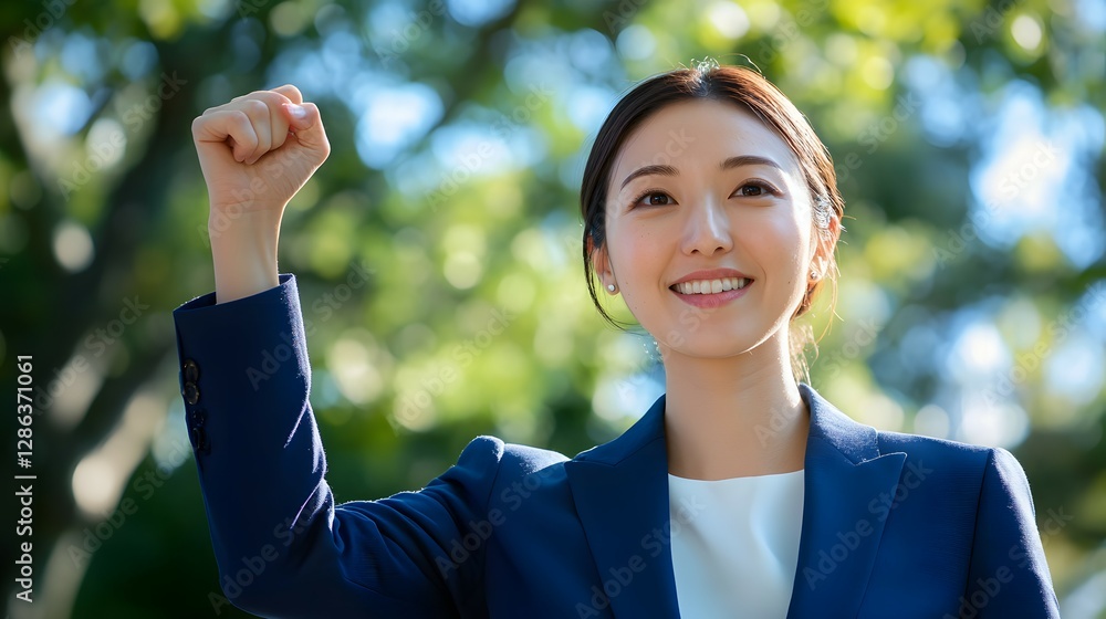 Happy young businesswoman in a suit celebrating success outdoors with a blue sky and green tree background Happy young businesswoman in a suit celebrating success outdoors with a blue sky and green tree background