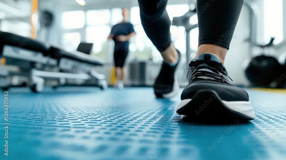 Fototapeta premium Close-Up View of a Black Running Shoe on Blue Gym Floor with Person Exercising in Background