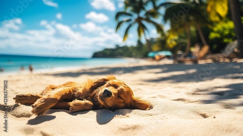 Rasta Dog Relaxing on Tropical Beach with Palm Trees and Ocean Waves in the Background
