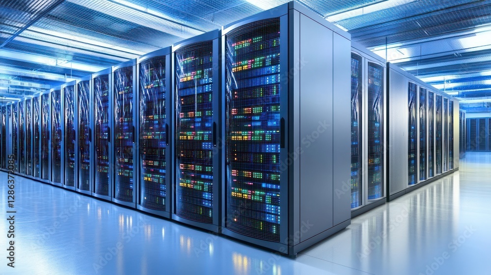 Data Center Server Room with Rows of Rack Cabinets Hosting Infrastructure Data Center Server Room with Rows of Rack Cabinets Hosting Infrastructure