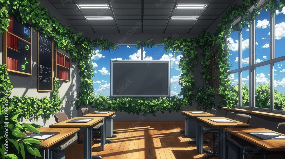 Fototapeta premium Bright Classroom with Natural Decor and Large Windows Showcasing Clear Sky and Green Plants for Learning Environment