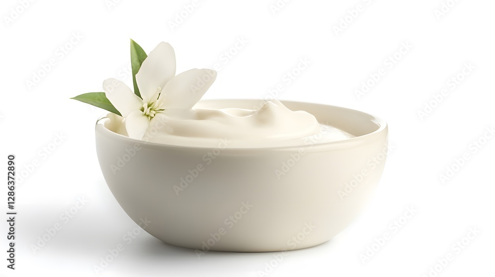 A white bowl of cream decorated with a beautiful flower A white bowl of cream decorated with a beautiful flower