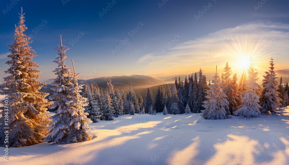 Panorama of winter nature landscape at sunrise. Christmas background Panorama of winter nature landscape at sunrise. Christmas background