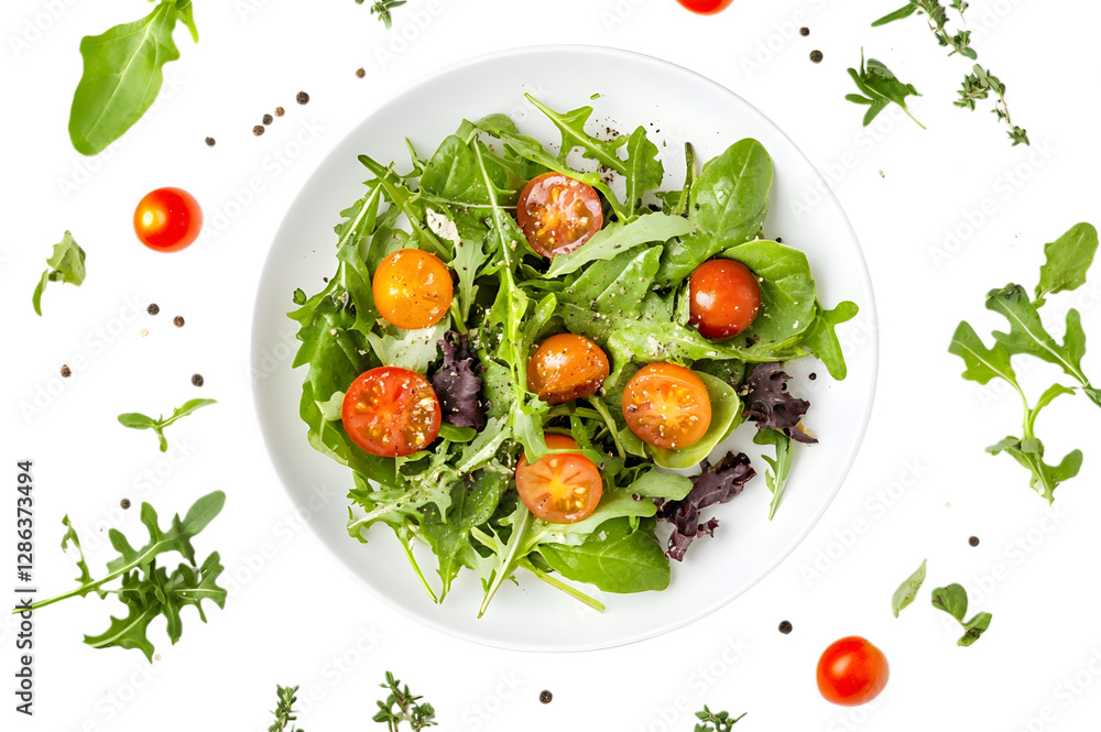 Fresh mixed green salad with cherry tomatoes on transparent background Fresh mixed green salad with cherry tomatoes on transparent background