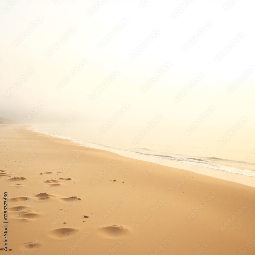 High-resolution stock photo Idyllic beach at dawn, soft light illuminating sand and calm water, mist on the horizon. Professional quality, commercial use. High-resolution stock photo Idyllic beach at dawn, soft light illuminating sand and calm water, mist on the horizon. Professional quality, commercial use.