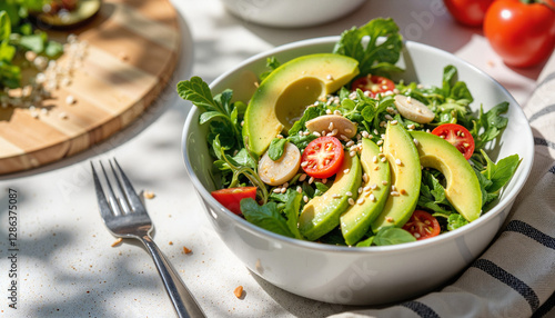 Vibrant salad bowl with avocado slices under dappled sunlight, freshness