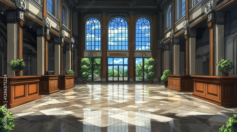 Fototapeta premium Spacious Elegant Lobby with Grand Windows and Natural Light Highlighting Marble Flooring and Lush Greenery in a Modern Architectural Style